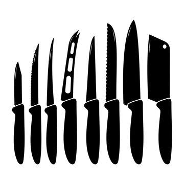 Kitchen Knife Set Silhouette Collection. Set of eight different kitchen knives in a black silhouette style. The knives are arranged in a row, showcasing a variety of blade shapes and sizes.