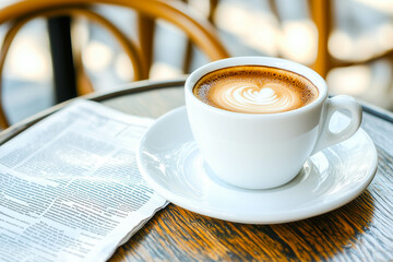 Fresh cappuccino in white cup with latte art next to newspaper on rustic wooden table