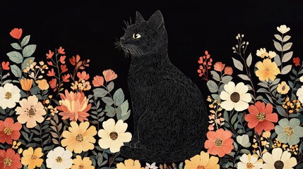 A black cat sits amidst vibrant flowers, creating a striking contrast against a dark background, showcasing a blend of nature and artistry.