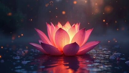 Glowing lotus in dark water backdrop. Pink flower shines, reflects in lake. Diwali holiday background with light dust. Magic fairytale zen atmosphere, dreamlike, peaceful, romantic mood with plant.