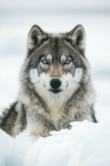 Majestic grey wolf resting in snow with intense stare and pristine fur