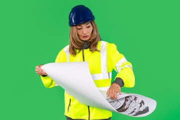 Construction worker reviewing building plans on green background during daylight hours in safety vest and helmet