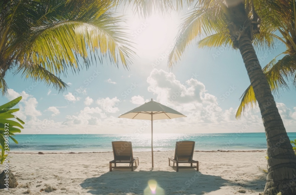 Poster a serene beach scene with two lounge chairs under an umbrella, surrounded by palm trees and the azur