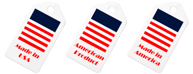 set de etiquetas con la bandera de Estados Unidos de América con denominación de productos de América para comprar local. Made in USA. 