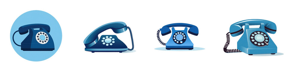 Blue rotary phones, various views isolated on white or transparent png
