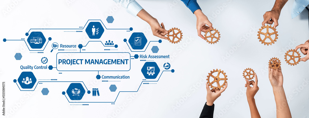 Leinwandbilder a visually engaging representation of project management, showcasing diverse hands holding gears, sy