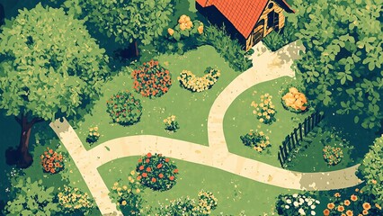 Overhead view captures a vibrant garden with colorful floral arrangements, a winding stone pathway, and lush greenery surrounding a cozy cottage.