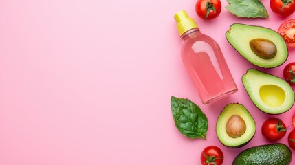 Nourishing Skin Care Ingredients with Fresh Avocado, Tomatoes, and Botanical Extracts on Pink Background
