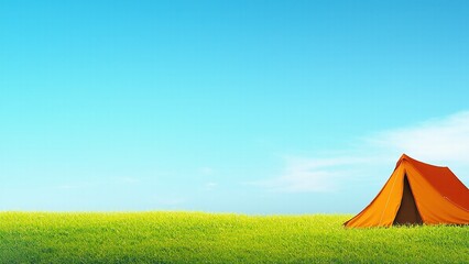 Orange tent nestled in vibrant green grass under a clear, bright blue summer sky, perfect for camping.