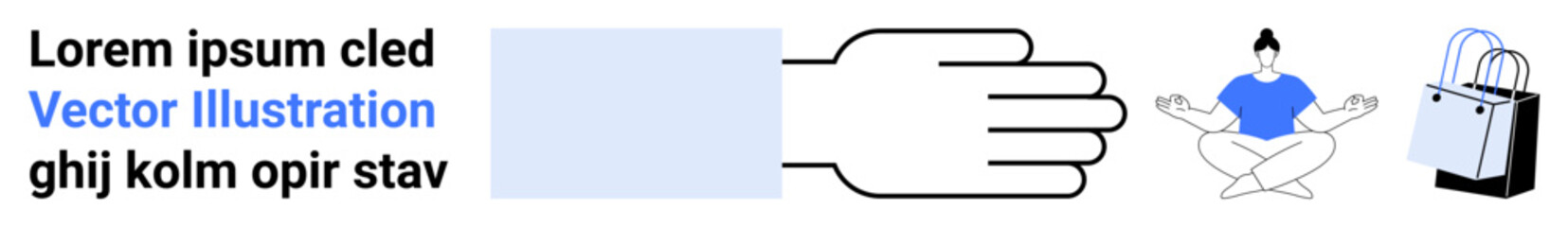 Open hand with a blue box, meditating figure, shopping bag, and placeholder text. Ideal for mindfulness, e-commerce, wellness, simplicity, branding meditation flat landing page banner