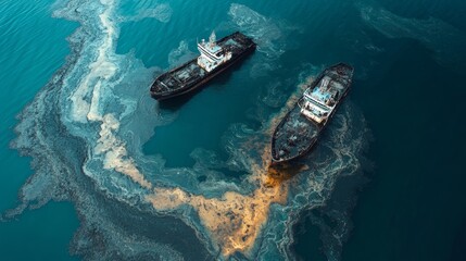Oil spill response operations ocean waters aerial view environmental crisis marine pollution prevention