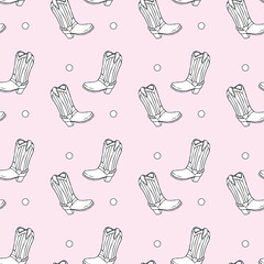 Hand-drawn cowboy boots seamless pattern featuring Western-style footwear on a soft pastel pink background. Ideal for fabric, wallpaper, and digital prints