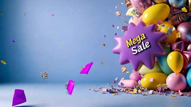 Colorful celebration of a mega sale with balloons, confetti, and festive decorations in a vibrant setting