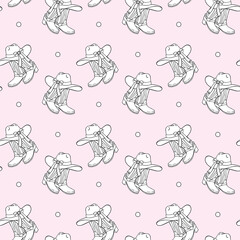 Hand-drawn seamless pattern of cowboy hats and boots in black and white on a pastel pink background. Ideal for textile, wallpaper, and western-themed designs