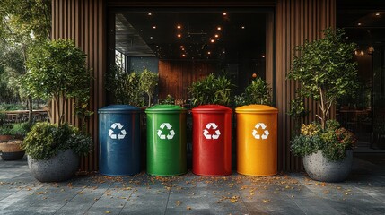 Obraz premium Colorful Recycling Bins in Eco-Friendly Urban Setting