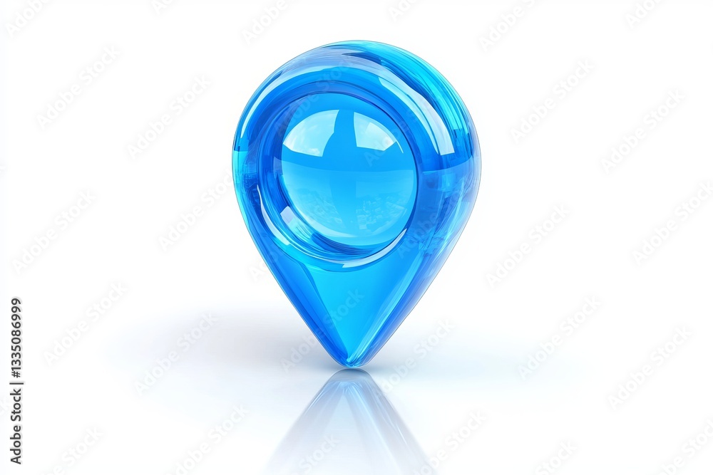 Poster shiny blue glass location pin icon 3d render realistic design modern navigation app interface elemen