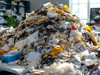 A massive mountain of paper and documents on a desk