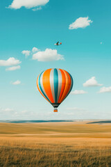 Obraz premium Colorful hot air balloon floating over vast golden fields under clear blue sky