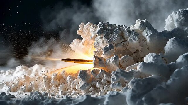 Explosive Rocket Launch with Billowing Smoke and Fire, Creating Intense Shockwave in the Night Sky

