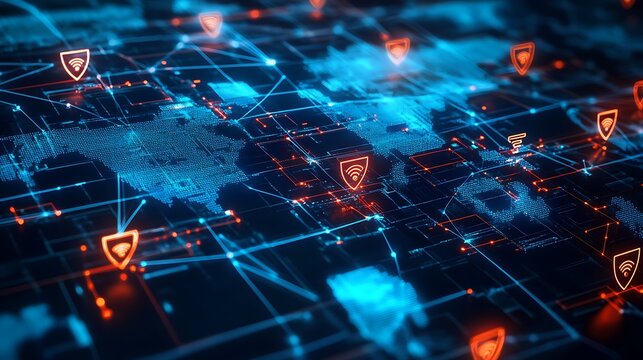 Global Data Network Represented With Digital Shields And Connections