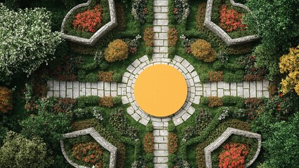 Overhead View of a Stone Path with Colorful Blossoms and Greenery in a Beautiful Garden Landscape.