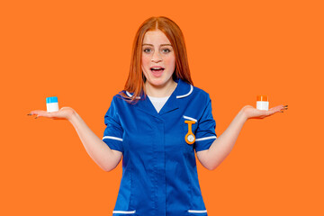 Nurse holds two containers while smiling brightly against a vibrant orange background during a health awareness campaign