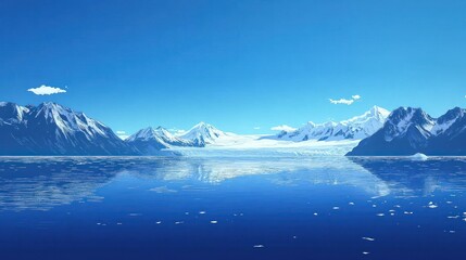 Serene Glacial Landscape: A Breathtaking View of Snow-Capped Mountains Reflecting in a Tranquil Blue Lake