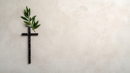 Fototapeta premium Cross ashes and olive branches on concrete background for Ash Wednesday symbolization