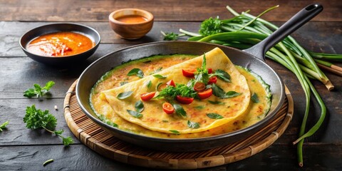 Banh Xeo Vietnamese Crepe On Sizzling Skillet, banh xeo, dipping sauce, banh xeo, dipping sauce