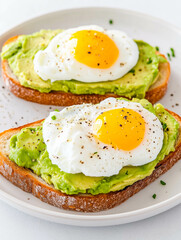 Delicious avocado toast with poached eggs and pepper on sourdough bread
