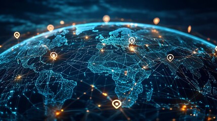 The globe with digital networks and location markers displayed vividly