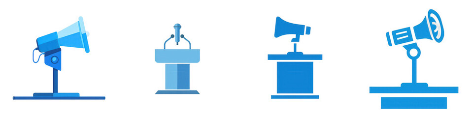 Fototapeta premium Blue megaphones on podiums. Public speaking isolated on white or transparent png