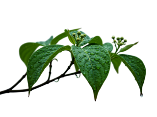 Close-up of vibrant green leaves covered in glistening water droplets, showcasing a fresh and dewy morning or evening atmosphere