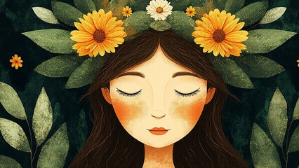 Beltane: Woman with floral crown reconnects with nature in peaceful meditation, a springtime celebration.
