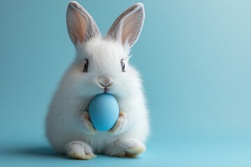 fluffy white rabbit, Easter egg, blue egg, soft lighting, pastel colors, studio photography, high detail, cute animal portrait, minimalist background, gentle shadows, macro lens, adorable, spring them