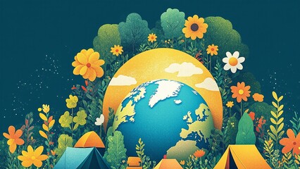 Earth Day Camping: Illustrated Globe Surrounded by Tents, Flowers, and Trees.
