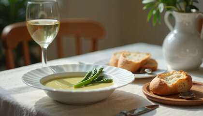 Delicious soup with asparagus and bread on dining table Asparagus soup, Asparagus officinalis