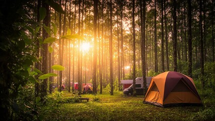 Camping amidst towering trees as the sun rises through a lush forest, with tents and a camper creating a serene outdoor scene.