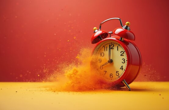 Retro red alarm clock disintegrating into particles, dust. Time running out concept. Vintage clock dissolving. Deadline approaching. Timer counts last minutes. Sand flows. Classic style timekeeper on