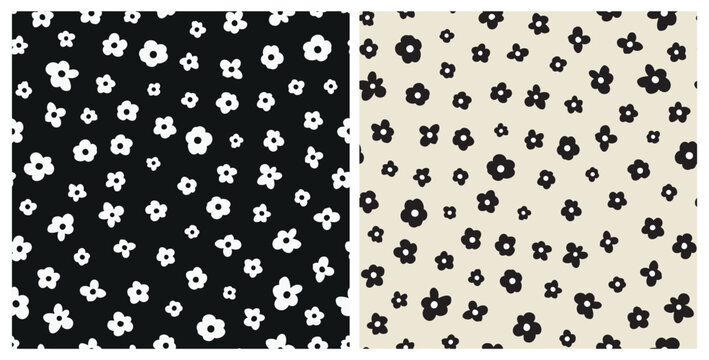 Set of cute simple retro flower heads seamless repeat pattern. Random placed, vector bloomy botany aop, all over surface print set in black and white.