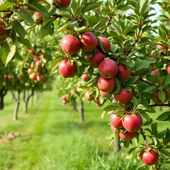 Apfelplantage mit reifen roten Äpfeln an den Bäumen entlang einer Reihe. Ideal für landwirtschaftliche und saisonale Darstellungen.