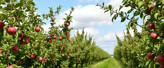 Apfelplantage mit reifen roten Äpfeln an den Bäumen entlang einer Reihe. Ideal für landwirtschaftliche und saisonale Darstellungen.