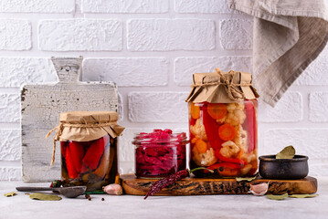 Healthy homemade fermented food in jars