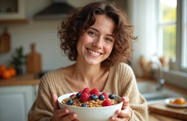 Smiling woman shows bowl with muesli, berries. Brunette girl advertises granola breakfast with raspberries, blueberries, healthy eating lifestyle. Happy client suggests organic diet, balanced