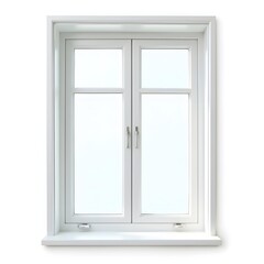 Fototapeta premium White double-pane window with clear sky view and symmetrical mullioned glass on white background