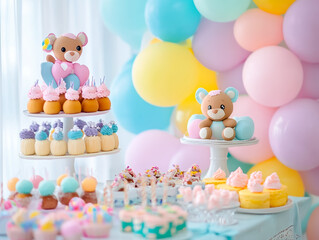 Obraz premium A vibrant birthday party setup with teddy bear cake toppers and
