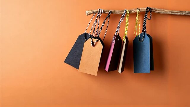 Colorful tags hanging from a branch against an orange background, showcasing various textures