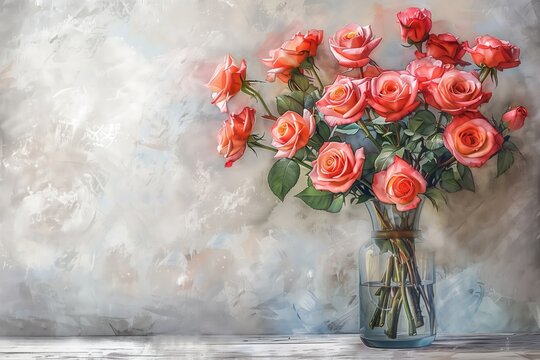 A beautiful bouquet of vibrant pink roses in a glass vase against a soft, textured background.
