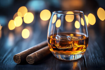 Cigar and Whiskey on the rocks, on wooden table with bokeh lighting in background, Father's Day concept