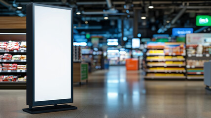 White screen LED stand in a retail supermarket environment, commercial advertising board for branding, promotions, and store marketing mockups